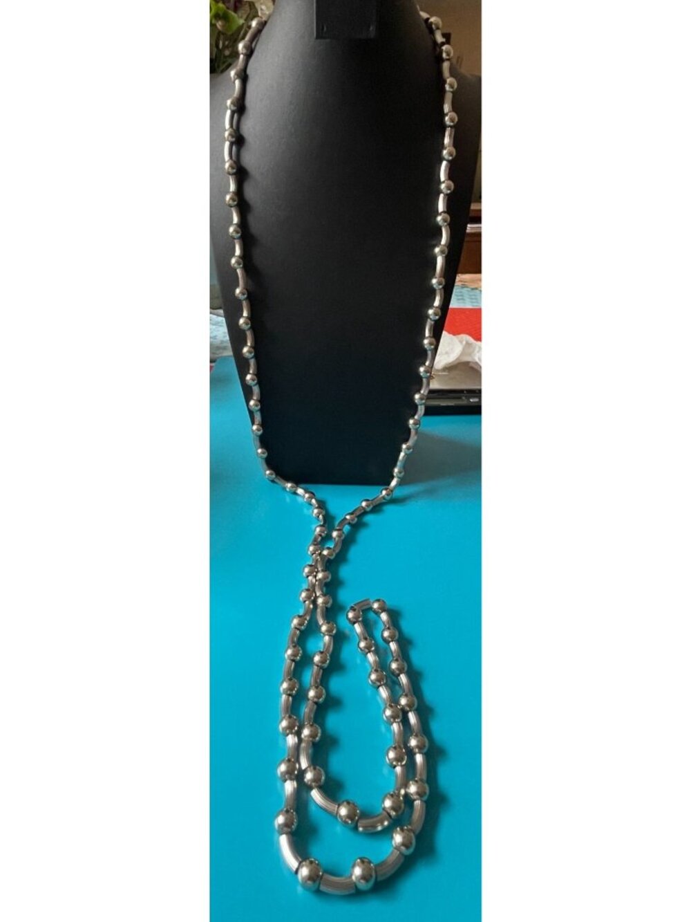Vtg Monet Extra Long Flapper Opera Length Silver-Tone Textured Metal Necklace